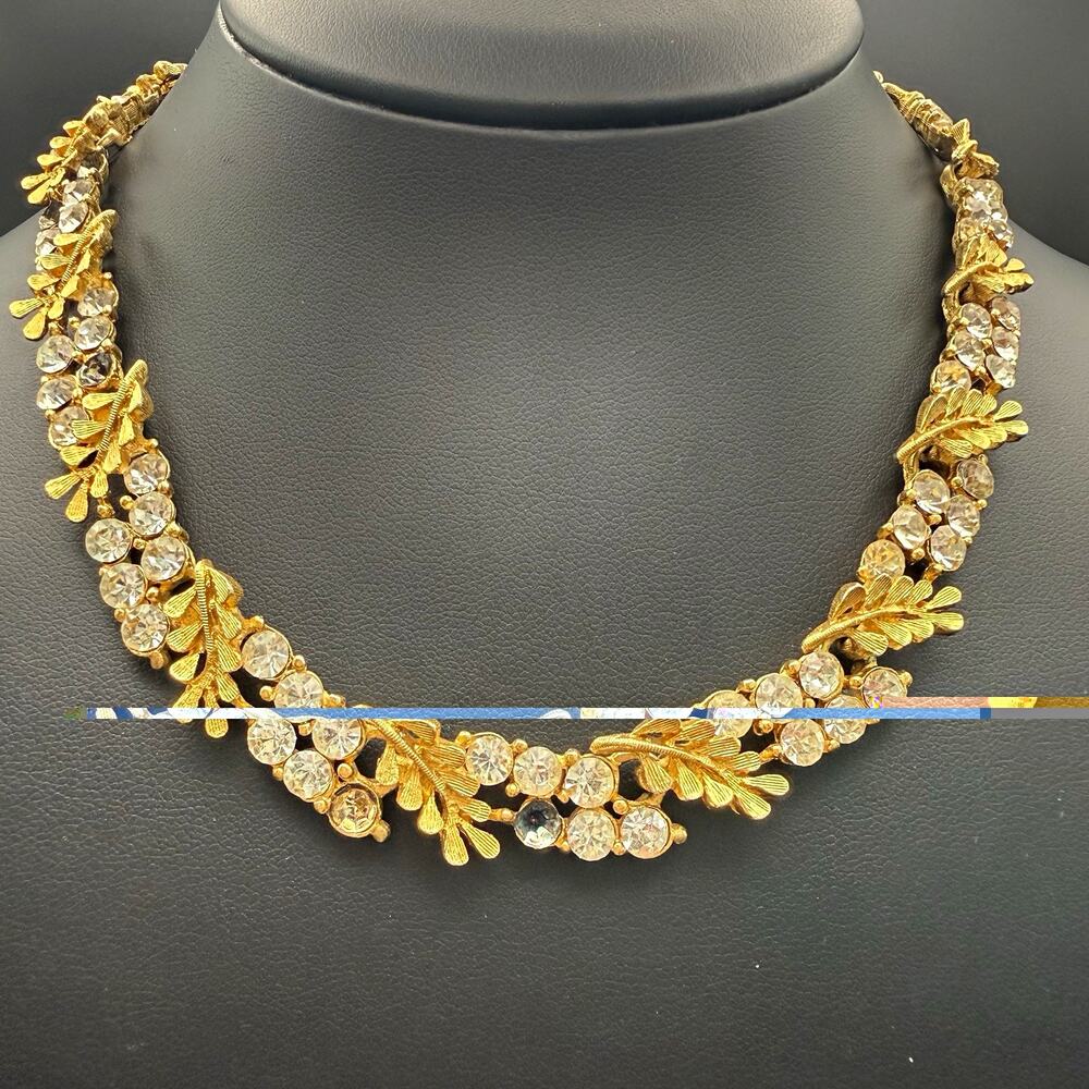 Vintage Signed BSK Rhinestone Oak Leaf Collar Necklace Gold Tone AS IS Repair